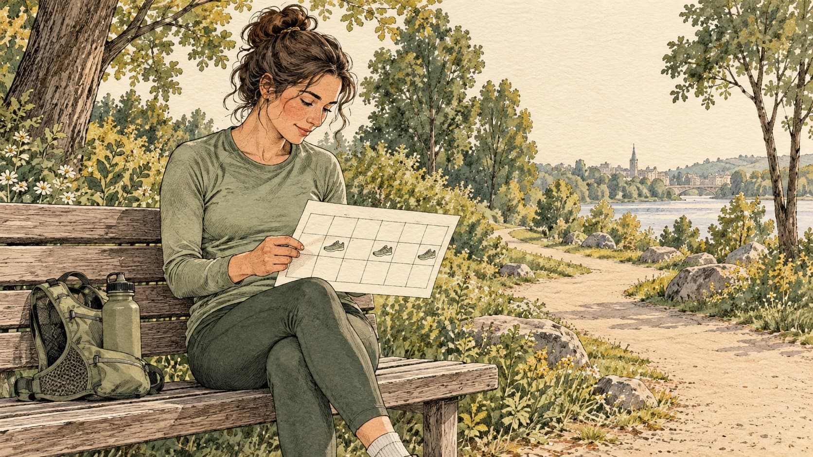 Hand-drawn runner reviewing a simple weekly calendar before an easy run.