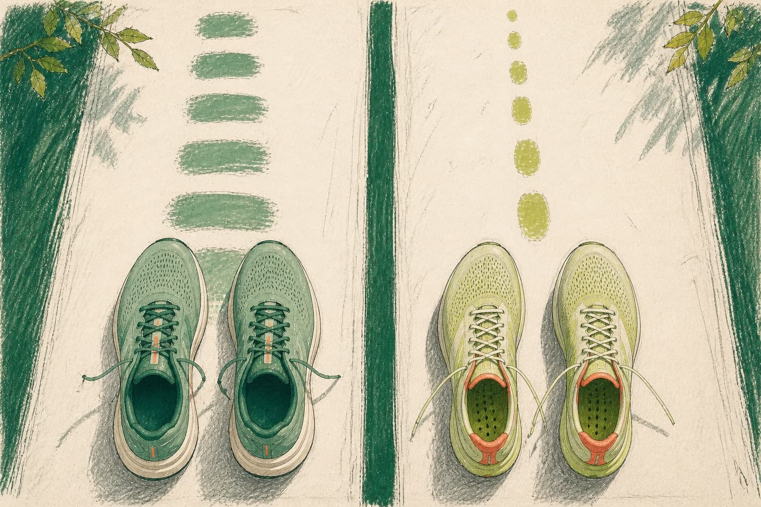 Hand-drawn comparison of a daily trainer and a lightweight racing shoe beside parallel track lanes.