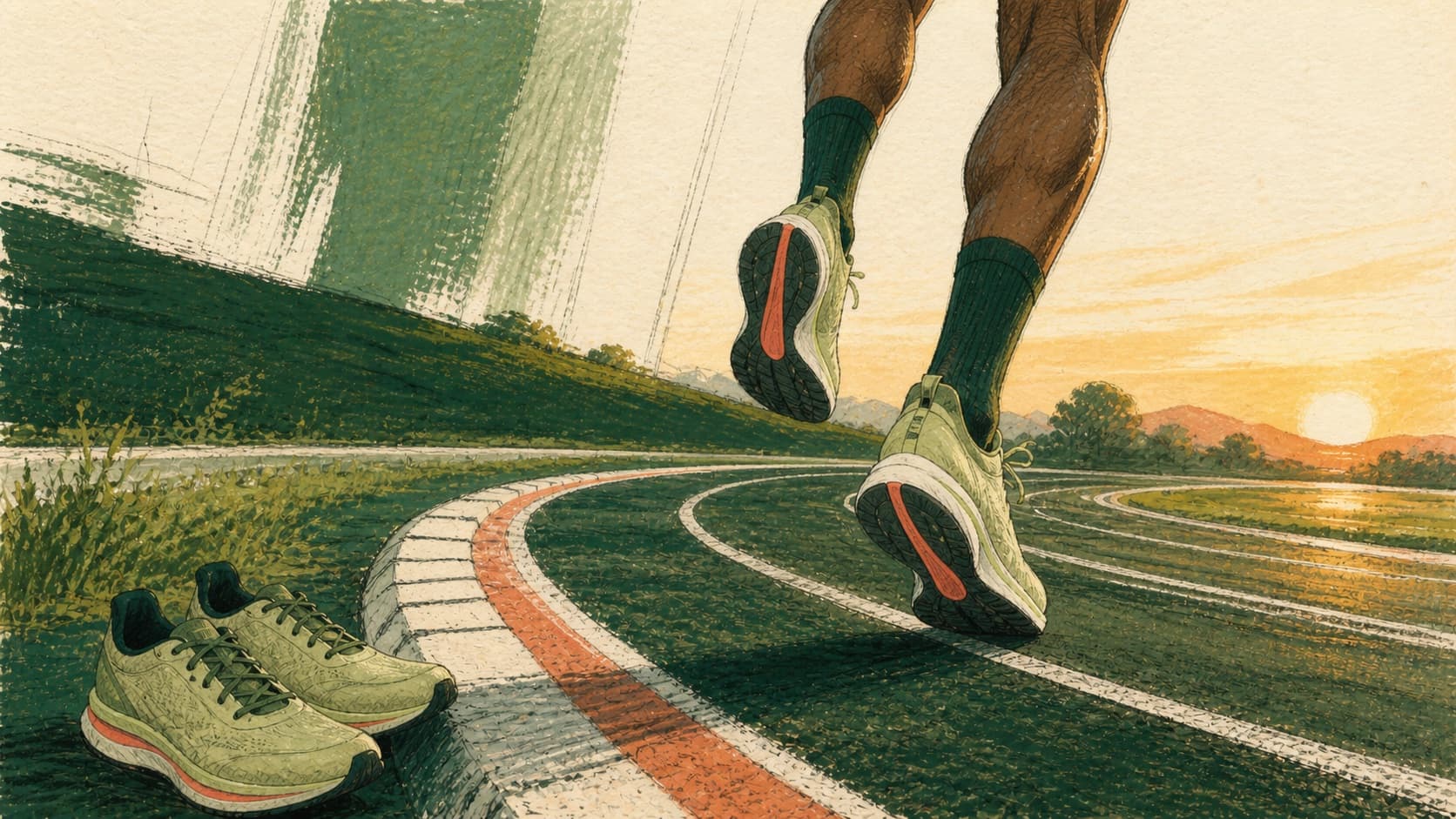 Hand-drawn track-level illustration of a runner in racing shoes with a second unbranded pair nearby.