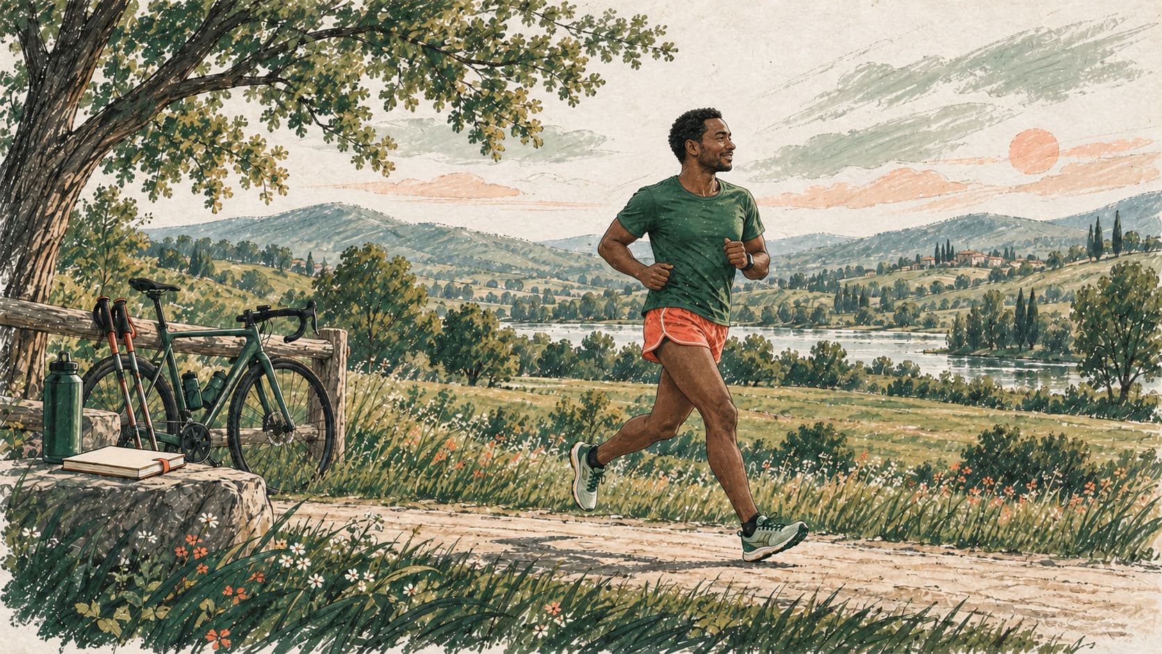 Runner passing a bicycle and walking poles beside a riverside path.