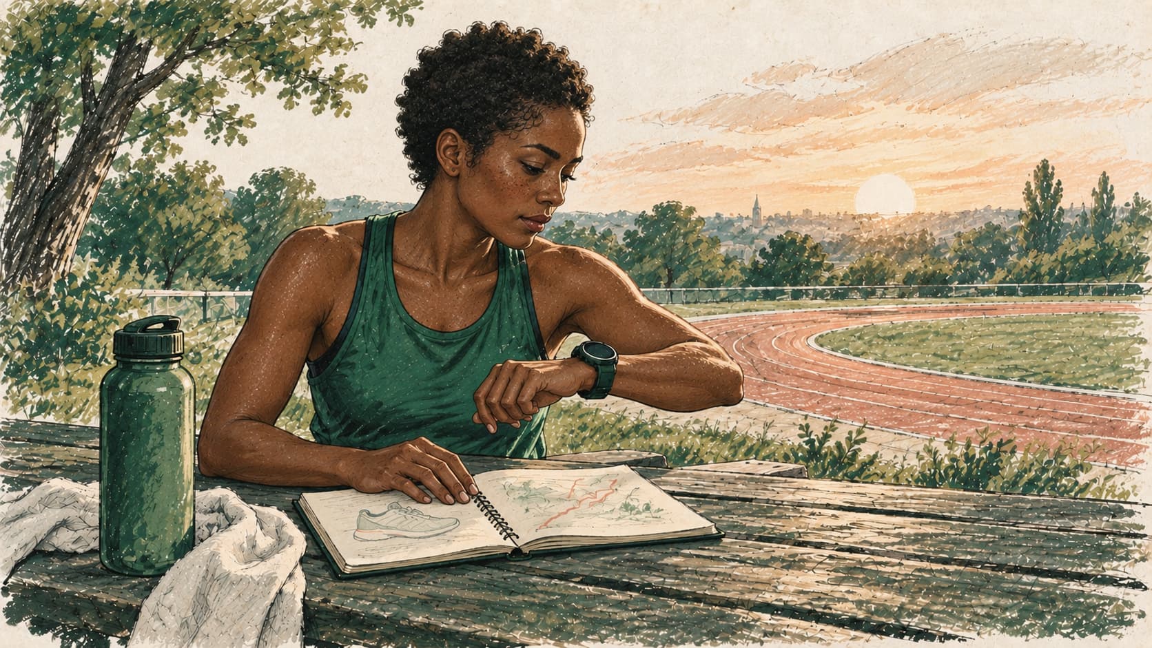 Runner checking a watch beside a track with an open sketchbook on the bench.