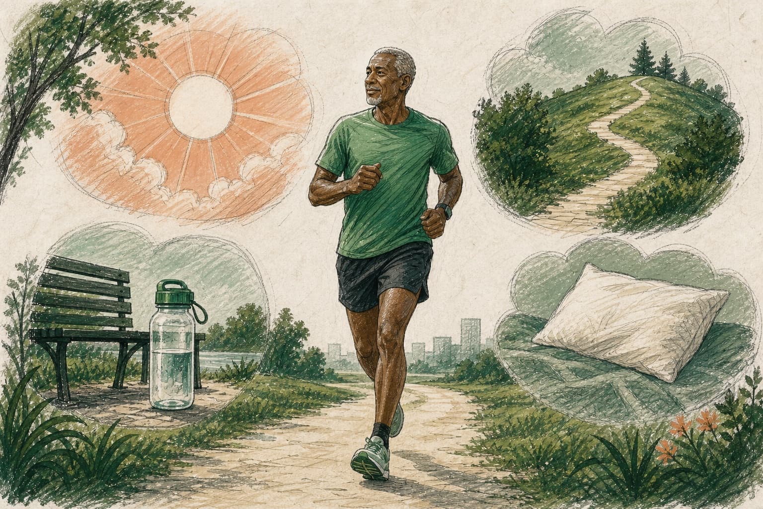 Hand-drawn illustration of an older runner surrounded by heat, hills, hydration, and recovery cues.