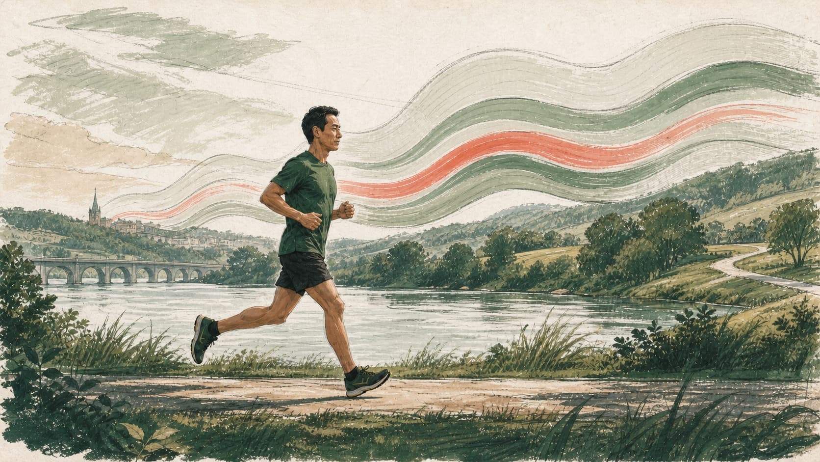Hand-drawn illustration of a runner holding a steady pace beside layered effort lines.