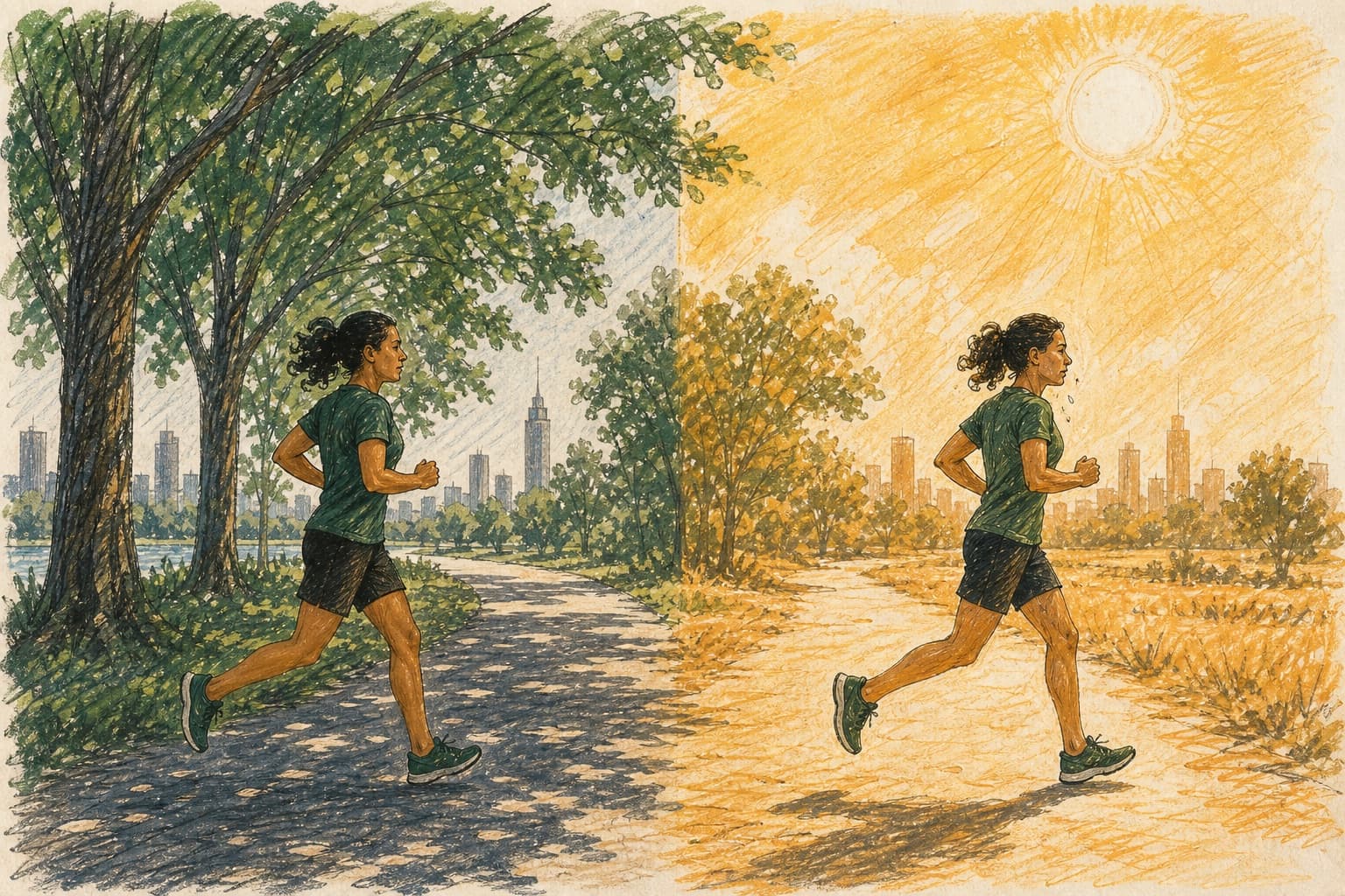 Hand-drawn comparison of the same runner holding a steady stride in cool shade and direct sun.