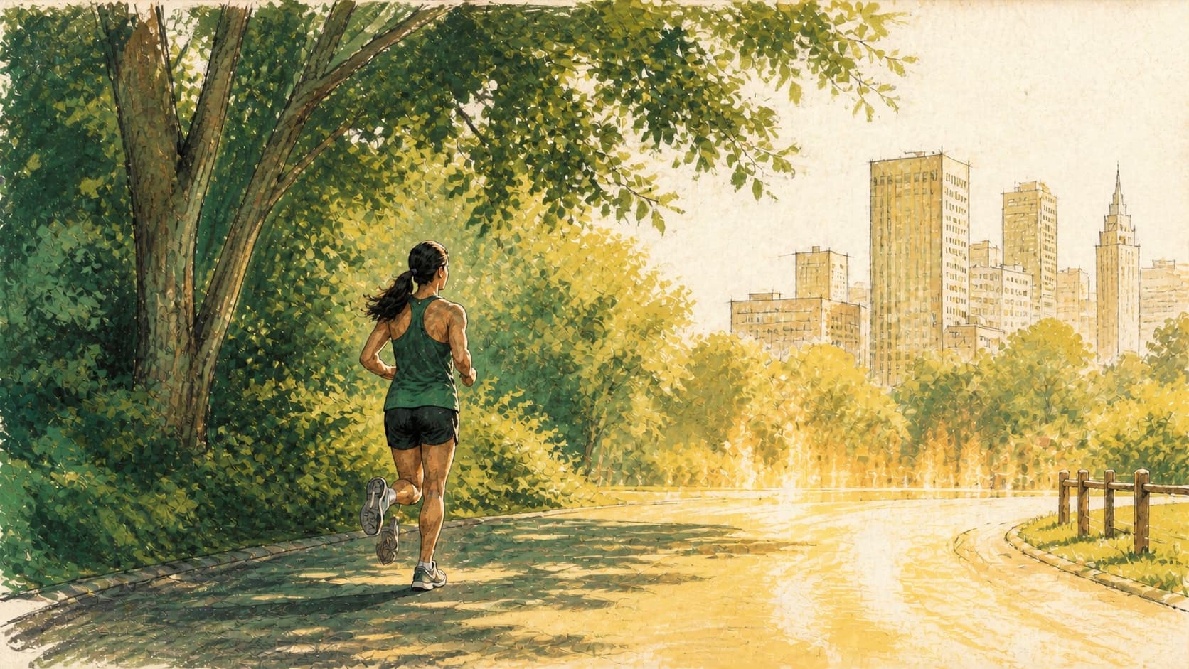 Hand-drawn illustration of a woman running from cool tree shade into bright summer heat.