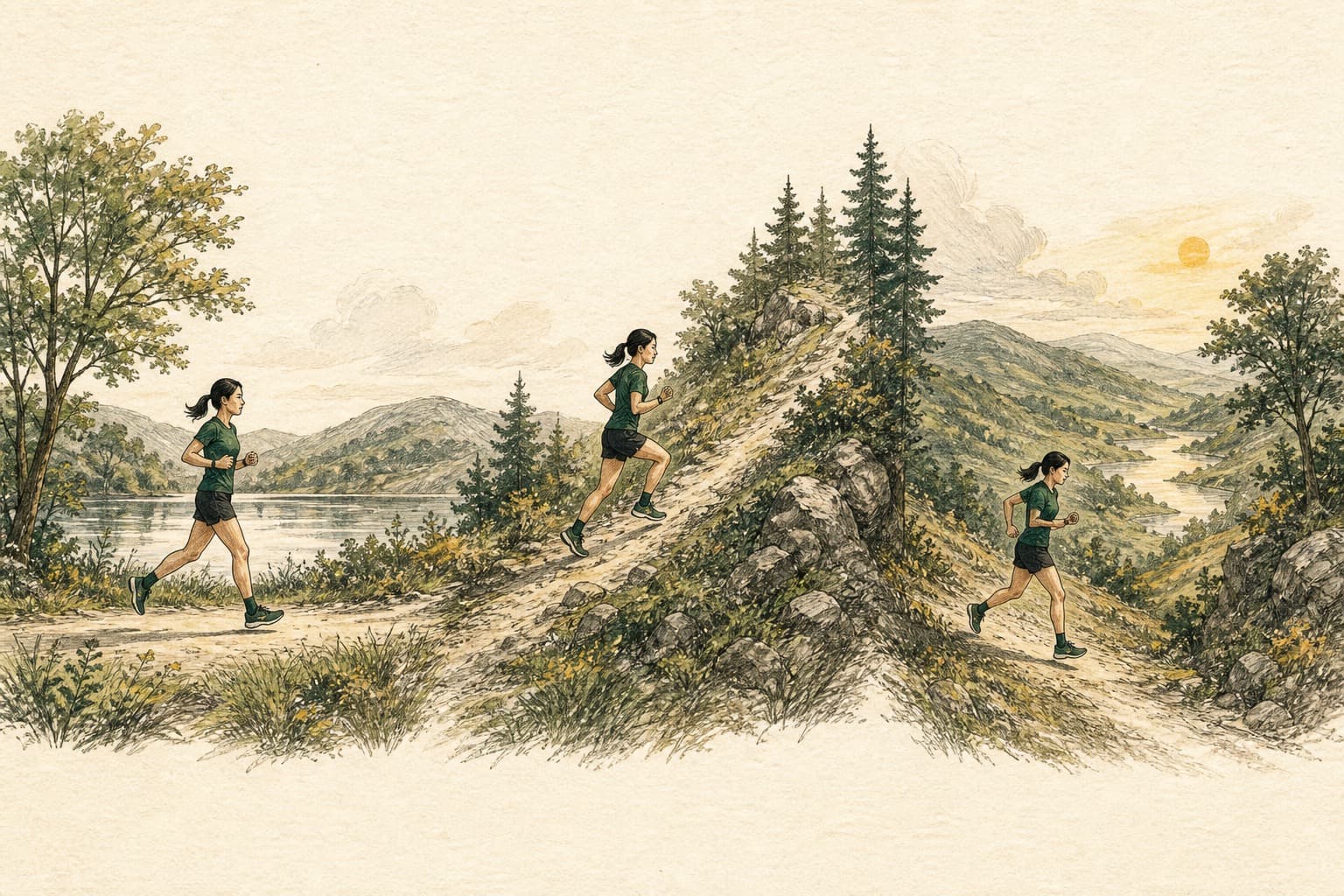 Hand-drawn comparison of flat, uphill, and downhill sections on one running route.