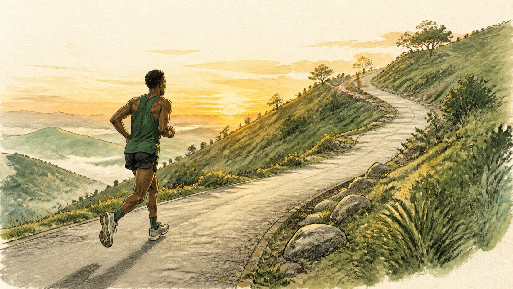 Hand-drawn illustration of a runner climbing a winding green hill at sunrise.