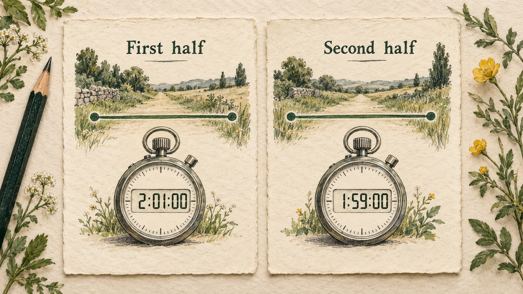 Hand-drawn equal-distance halves with different elapsed times.