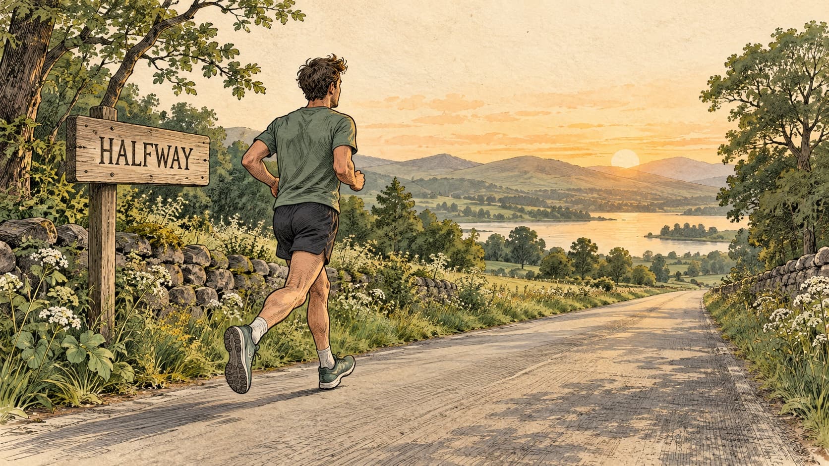 Hand-drawn runner passing a halfway marker with a controlled stride.