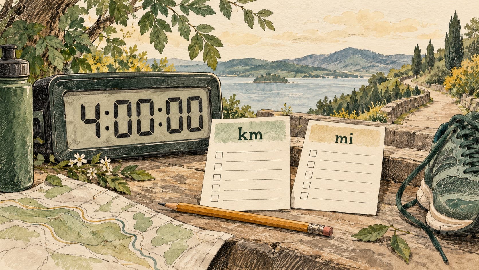 Håndtegnet løbsur ved siden af kort med kilometer- og milekontrolpunkter.