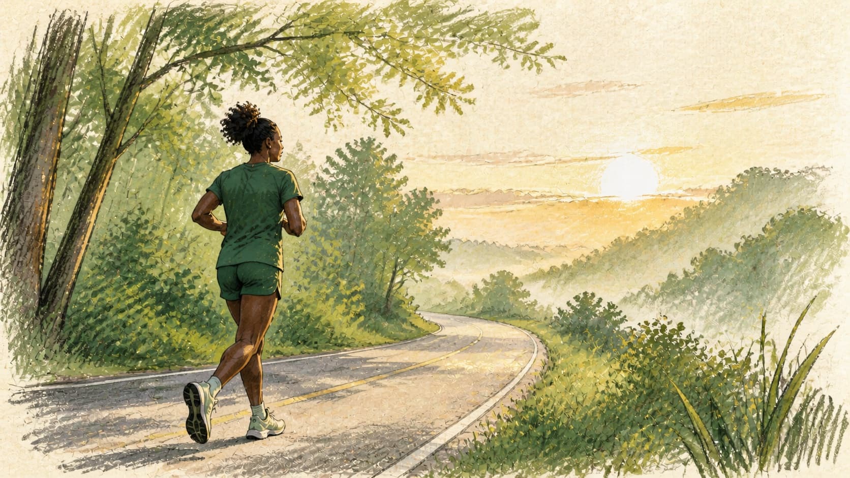 Hand-drawn illustration of a woman running easily on a quiet road during a marathon taper.
