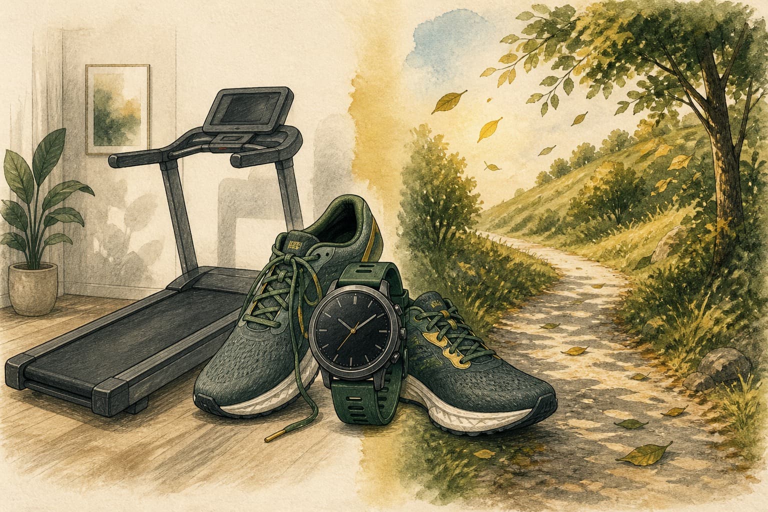 Hand-drawn comparison of a treadmill display, GPS watch, wind, hills, and running surface.