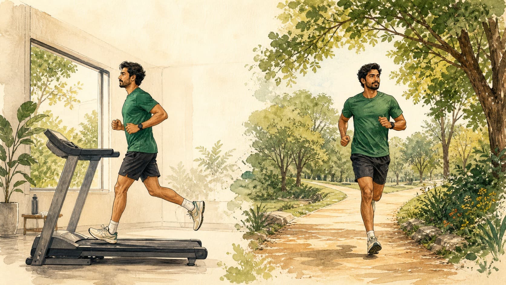 Hand-drawn split scene of one runner on a treadmill and another on a park path.